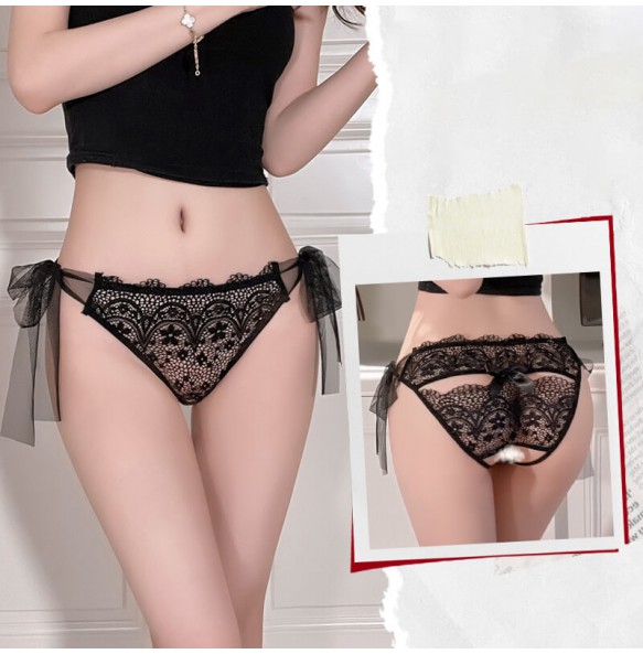 FEE ET MOI - Sexy Sheer Ribbon-Tie Crotchless Lace Panties (Black)